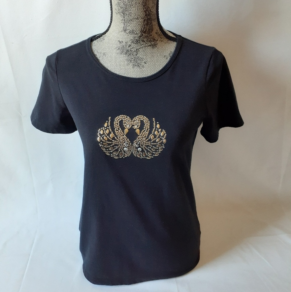 Coral Bay swan embellished black short sleeve top